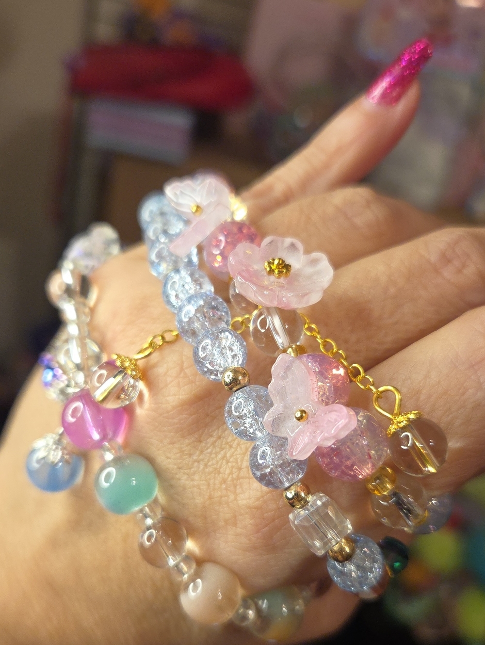 3 Pink Flower Beaded Bracelet - Women Jewelry
